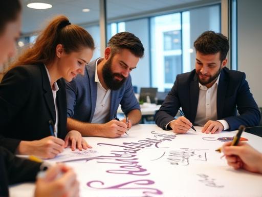 A corporate team collaborating on a calligraphy project.